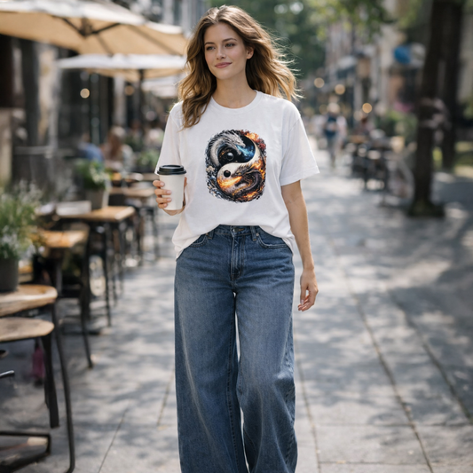 Woman wearing a white t-shirt with a graphic design and blue jeans, holding a coffee cup on a street.
