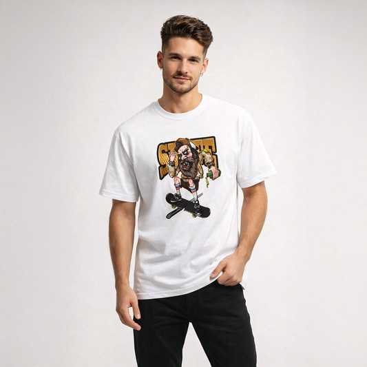 Man wearing a white t-shirt with a graphic design on a plain background