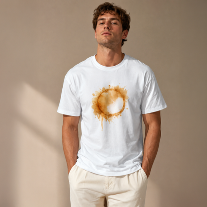 Man wearing a white t-shirt with a coffee cup design on a beige background