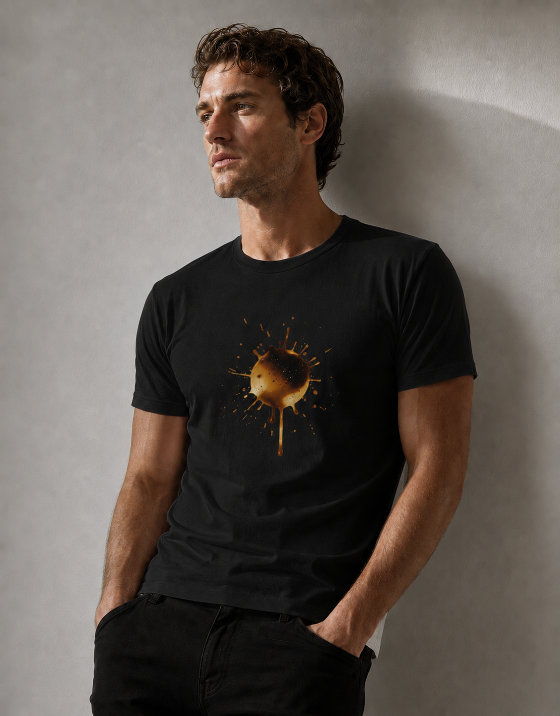 Man wearing a black t-shirt with a sun design against a gray background