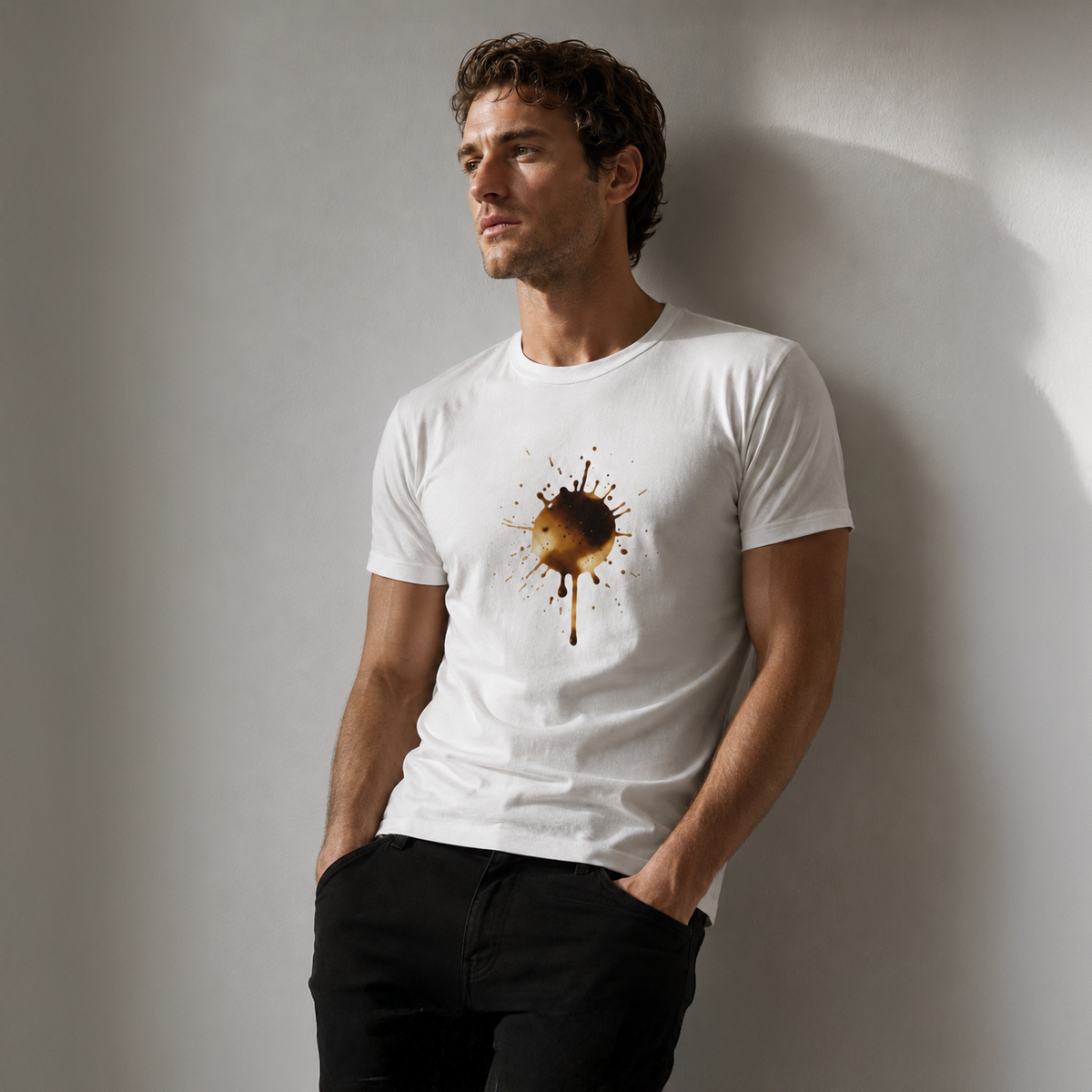 Man wearing a white t-shirt with a graphic design against a plain background