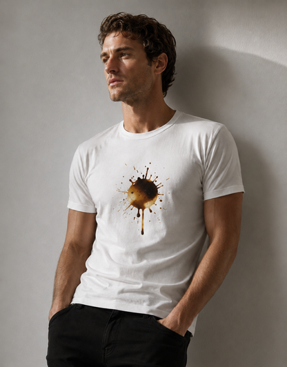 Man wearing a white t-shirt with a graphic design against a plain background