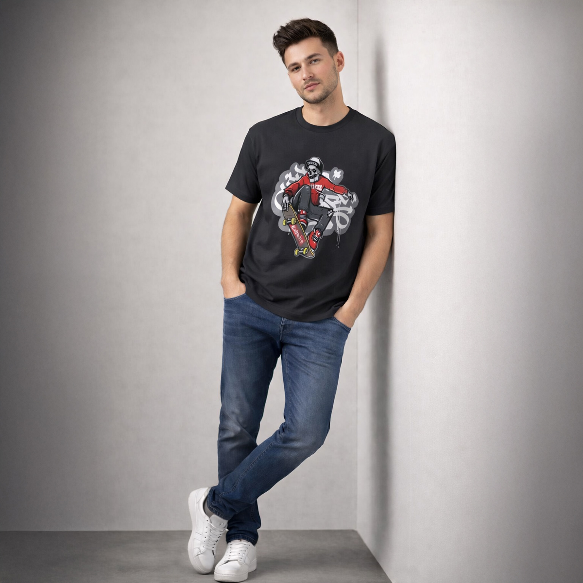 Vastrio Unisex Graphic Printed T Shirt for Men & Women | Skateboard Skull Streetwear T-Shirt | Regular Fit Casual Half Sleeve T-Shirt