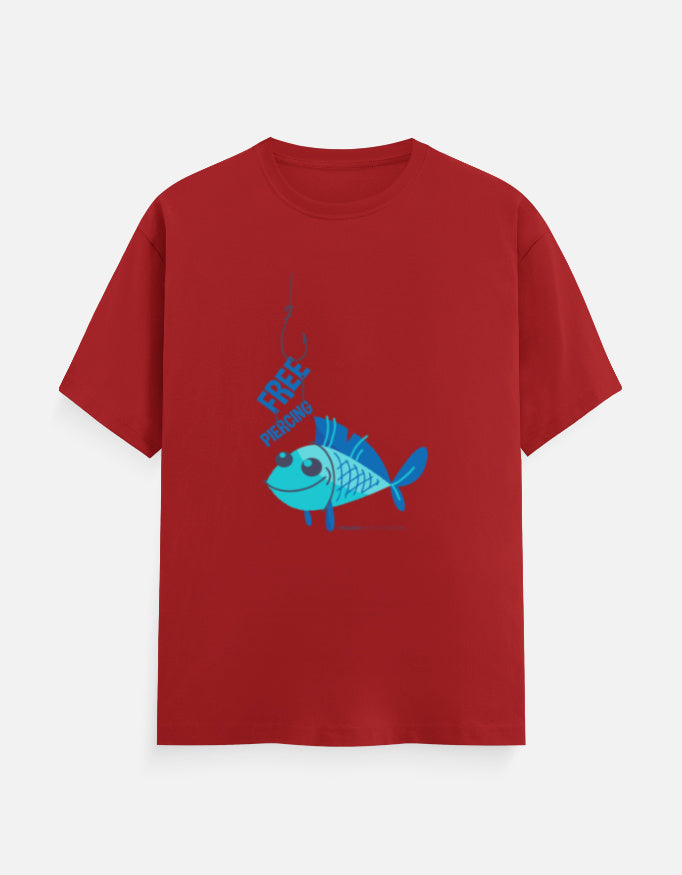 Unisex Classic Crew T-Shirt red 100% cotton tee with blue fish graphic, unisex cotton t-shirts with various genz designs