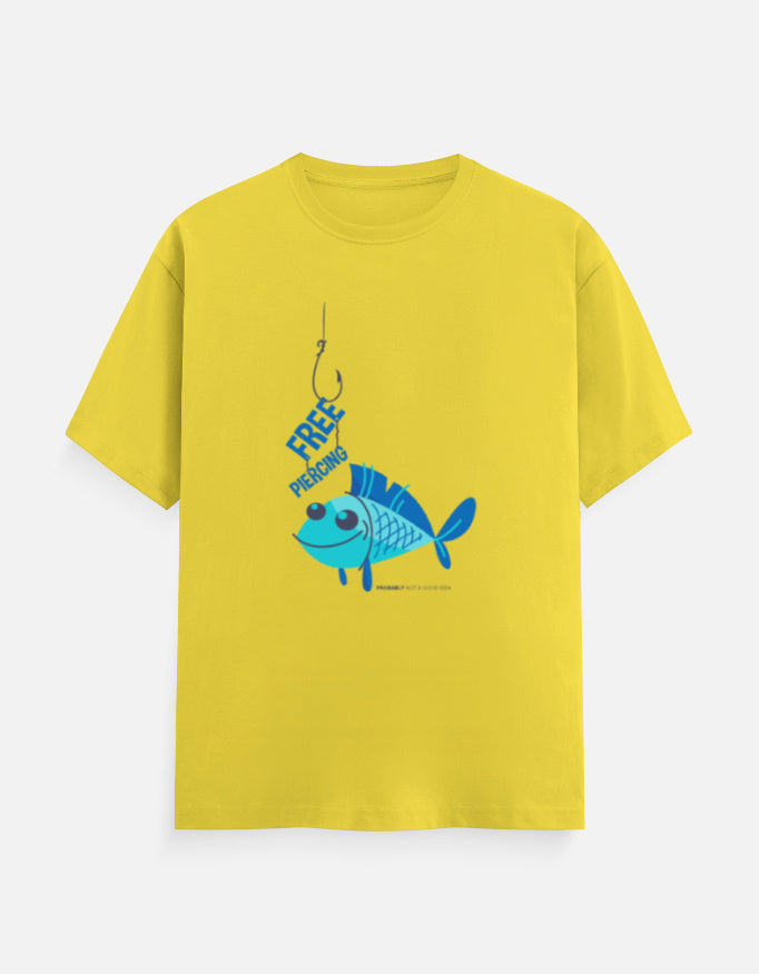 Alt Tag: Unisex Classic Crew T-Shirt yellow tee with blue fish "FREE" gen z graphic, unisex cotton t-shirts with various genz designs