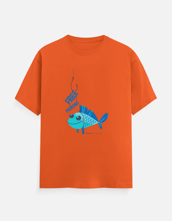 Unisex Classic Crew T-Shirt orange 100% cotton tee with blue fish graphic, Unisex cotton t-shirts with various genz designs
